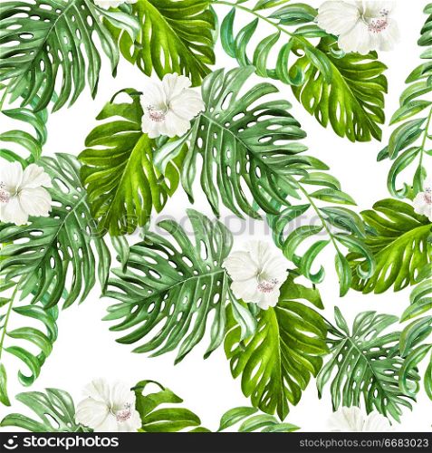 Beautiful watercolor tropical pattern with hibiscus flowers and tropical leaves. llustration. Beautiful watercolor tropical pattern with hibiscus flowers and tropical leaves.