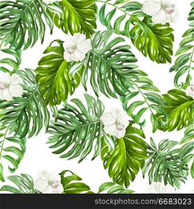Beautiful watercolor tropical pattern with hibiscus flowers and tropical leaves. llustration. Beautiful watercolor tropical pattern with hibiscus flowers and tropical leaves.