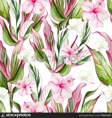 Beautiful watercolor tropical pattern with hibiscus flowers and tropical leaves. llustration. Beautiful watercolor tropical pattern with hibiscus flowers and tropical leaves. 