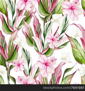 Beautiful watercolor tropical pattern with hibiscus flowers and tropical leaves. llustration. Beautiful watercolor tropical pattern with hibiscus flowers and tropical leaves. 