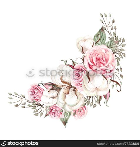 Beautiful watercolor wedding bouquet with pink roses and cotton, leaves and eucalyptus. Illustration. Beautiful watercolor wedding bouquet with pink roses and cotton, leaves and eucalyptus.