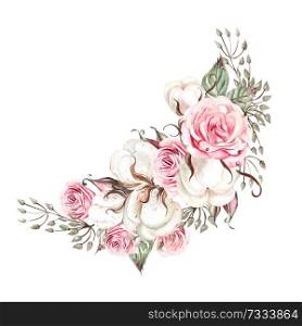Beautiful watercolor wedding bouquet with pink roses and cotton, leaves and eucalyptus. Illustration. Beautiful watercolor wedding bouquet with pink roses and cotton, leaves and eucalyptus.