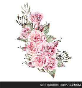 Beautiful watercolor wedding bouquet with pink roses and eucalyptus. Illustration. Beautiful watercolor wedding bouquet with pink roses and eucalyptus.