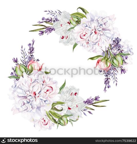Beautiful watercolor wedding bouquet with watercolor peony,lavender, leaves and berries. Illustration. Beautiful watercolor wedding wreath with watercolor peony, lavender, leaves and berries.
