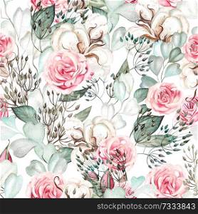 Beautiful watercolor wedding pattern with eucalyptus and rose. Illustration. Beautiful watercolor wedding pattern with eucalyptus and rose.