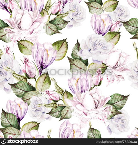 Beautiful watercolor wedding pattern with roses flowers and crocus. Illustration. Beautiful watercolor wedding pattern with roses flowers and crocus.