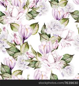 Beautiful watercolor wedding pattern with roses flowers and crocus. Illustration. Beautiful watercolor wedding pattern with roses flowers and crocus.