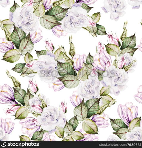 Beautiful watercolor wedding pattern with roses flowers and crocus. Illustration. Beautiful watercolor wedding pattern with roses flowers and crocus.