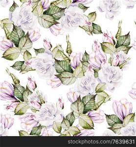 Beautiful watercolor wedding pattern with roses flowers and crocus. Illustration. Beautiful watercolor wedding pattern with roses flowers and crocus.
