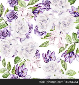 Beautiful watercolor wedding pattern with roses flowers and crocus. Illustration. Beautiful watercolor wedding pattern with roses flowers and crocus.