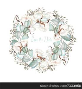 Beautiful watercolor wedding wreath with cotton, eucalyptus and leaves. Illustration. Beautiful watercolor wedding wreath with cotton, eucalyptus and leaves.