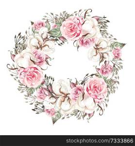 Beautiful watercolor wedding wreath with cotton, eucalyptus, roses and leaves. Illustration. Beautiful watercolor wedding wreath with cotton, eucalyptus, roses and leaves.