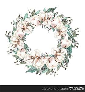 Beautiful  watercolor wedding wreath with eucalyptus, cotton   and leaves.  Illustration. Beautiful  watercolor wedding wreath with eucalyptus, cotton   and leaves. 