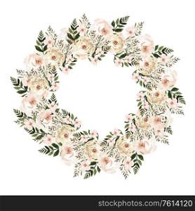 Beautiful watercolor wedding wreath with roses flowers. Illustration