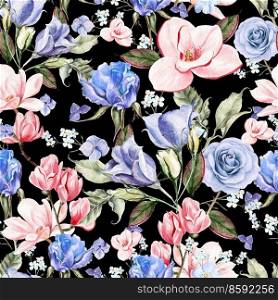 Beautiful watercolor with hydrangeas, roses, magnolia and flowers eustomiya. Illustrations.. Beautiful watercolor with hydrangeas, roses, magnolia and flowers eustomiya. 