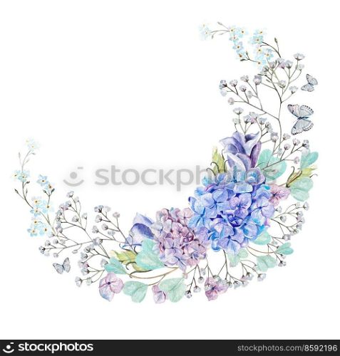 Beautiful watercolor wreath with eucalyptus branches and hydrangea flowers, eustomiya, wildflowers.  Illustrations.. Beautiful watercolor wreath with eucalyptus branches and hydrangea flowers, eustomiya, wildflowers. 
