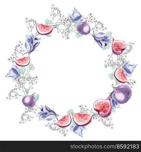 Beautiful watercolor wreath with eucalyptus branches, flowers and fruits of figs. Illustrations.. Beautiful watercolor wreath with eucalyptus branches, flowers and fruits of figs. 