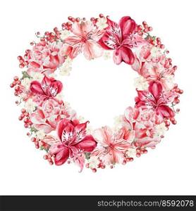 Beautiful watercolor wreath with flowers alstroemeria and berries currant . Illustrations. Beautiful watercolor wreath with flowers alstroemeria and berries currant . 
