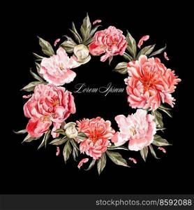 Beautiful watercolor wreath with flowers peony.  Illustrations . Beautiful watercolor wreath with flowers peony. 