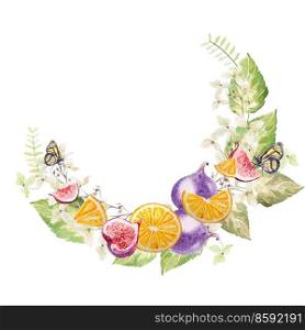 Beautiful watercolor wreath with hydrangea, eucalyptus, figs and oranges. Illustrations.. Beautiful watercolor wreath with hydrangea, eucalyptus, figs and oranges. 