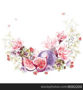 Beautiful watercolor wreath with hydrangea, rose flowers and raspberry. Illustrations.. Beautiful watercolor wreath with hydrangea, rose flowers and raspberry. I