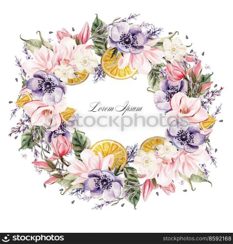 Beautiful watercolor wreath with lavender flowers, anemone, magnolia and orange fruits. Illustrations.. Beautiful watercolor wreath with lavender flowers, anemone, magnolia and orange fruits. 