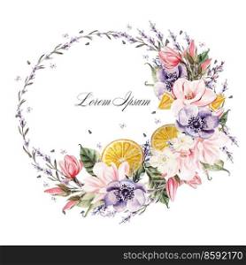 Beautiful watercolor wreath with lavender flowers, anemone, magnolia and orange fruits. Illustrations.. Beautiful watercolor wreath with lavender flowers, anemone, magnolia and orange fruits. 