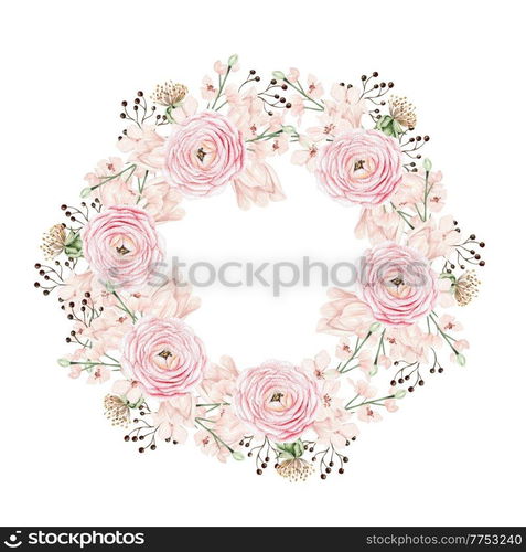 Beautiful watercolor wreath with pink spring flowers and buds. Illustration  . Beautiful watercolor wreath with pink spring flowers and buds. 