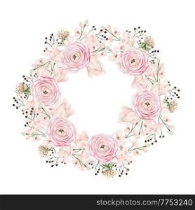 Beautiful watercolor wreath with pink spring flowers and buds. Illustration  . Beautiful watercolor wreath with pink spring flowers and buds. 