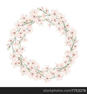 Beautiful watercolor wreath with pink spring flowers and buds. Illustration  . Beautiful watercolor wreath with pink spring flowers and buds. 