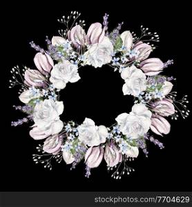 Beautiful watercolor wreath  with roses  flowers, gypsophila, lavender and eucalyptus leaves. Illustration. Beautiful watercolor wreath  with roses  flowers, gypsophila, lavender and eucalyptus leaves.