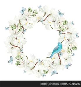 Beautiful watercolor wreath with white orchid flowers, butterflies and blue bird. Illustration.. Beautiful watercolor wreath with white orchid flowers, butterflies and blue bird. 