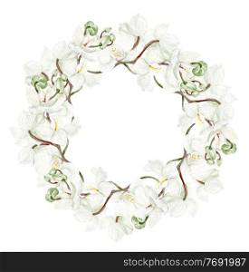 Beautiful watercolor wreath with white orchid flowers. Illustration.. Beautiful watercolor wreath with white orchid flowers. 