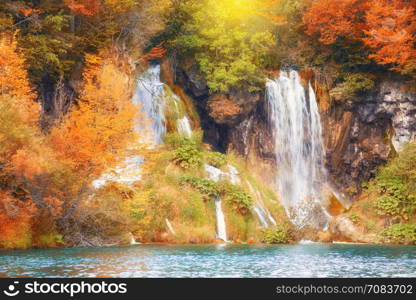 Beautiful waterfall in autumn forest