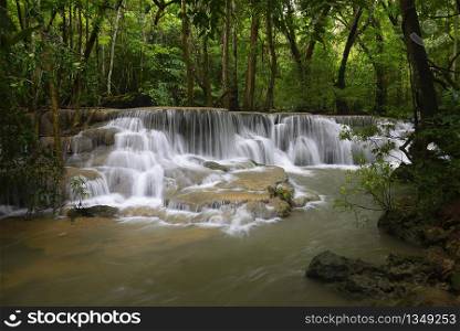 Beautiful waterfall in rainforest at Kanchanaburi, Thailand. Huai Mae Kamin waterfall