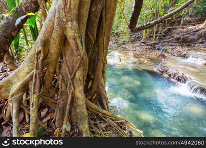 Beautiful waterfall in rainforest, Kanchanaburi province, Southeast asia, Thailand