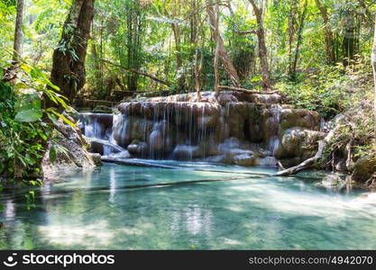 Beautiful waterfall in rainforest, Kanchanaburi province, Southeast asia, Thailand