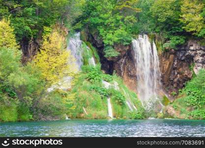 Beautiful waterfall in summer green forest