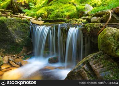 Beautiful waterfall in the green forest. Cascade of motion water