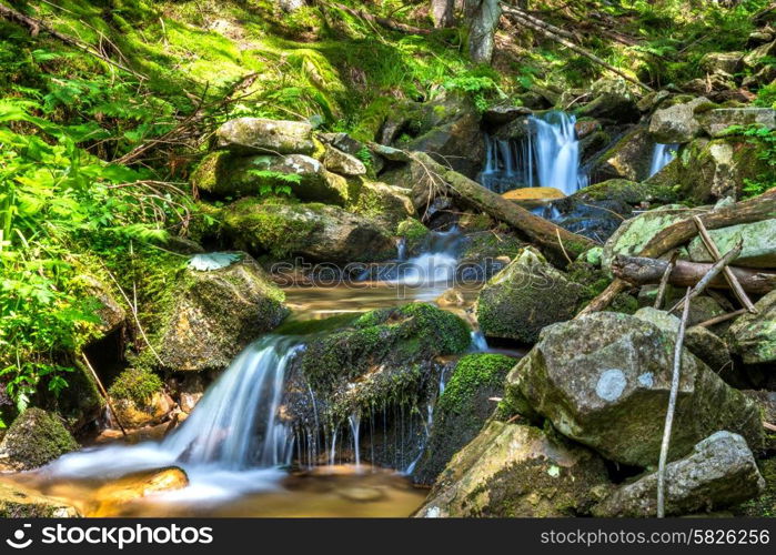 Beautiful waterfall in the green forest. Cascade of motion water