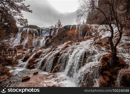 Beautiful waterfall view in Jiuzhaigou in Jiuzhai Valley National Park,Autumn season 