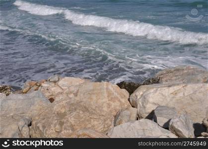 beautiful waves from stone pier in Puerto Banus (Marbella), Spain