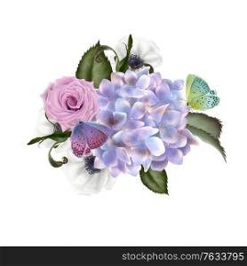 Beautiful wedding Bouquet with rose and hydrangea flowers. Illustration. Beautiful wedding Bouquet with rose and hydrangea flowers.