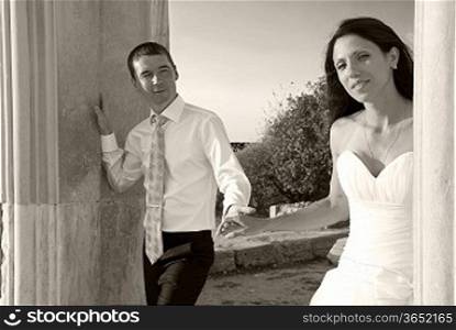 Beautiful wedding couple- bride and groom. Just married. Black and white, sepia