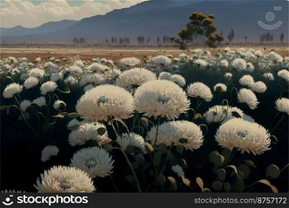 Beautiful white chrysanthemum flower field on the mountain with cloud and blue sky