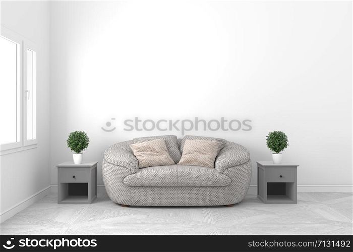 Beautiful white empty room-Living room interior design - with sofa and plants and windows on empty white wall background - Scandinavian style - empty room . 3D rendering
