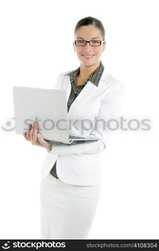 Beautiful white image of businesswoman and laptop computer