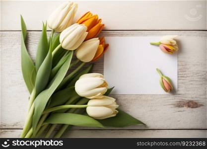 beautiful white tulips on white rustic wooden background flat lay, AI Generative