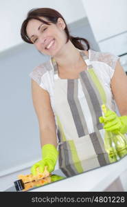 beautiful wife smiling cleaning in the kitchen