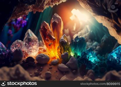 Beautiful wild crystal stalactites and stalagmites in cave. Neural network AI generated art. Beautiful wild crystal stalactites and stalagmites in cave. Neural network generated art